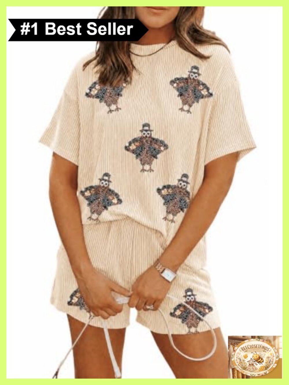 Women's 2-Piece Ribbed Knit Pajama Set Sequin Thanksgiving Lounge Shorts